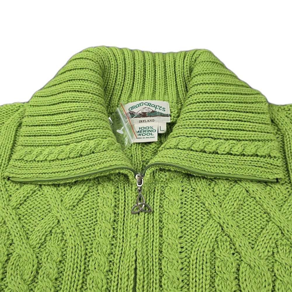 Aran Crafts‎ Irish Merino Wool Zip Cardigan Womens NWT L Green Cable Knit - Picture 3 of 11